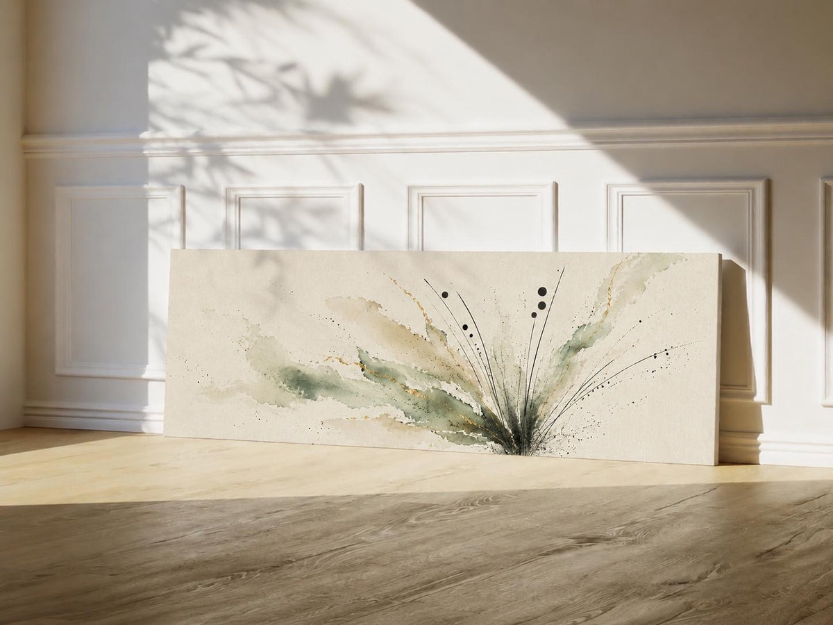 Earthy Green Botanical Abstract Canvas, Muted Wabi Sabi Panoramic Wall Decor