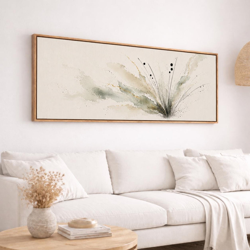 Earthy Green Botanical Abstract Canvas, Muted Wabi Sabi Panoramic Wall Decor