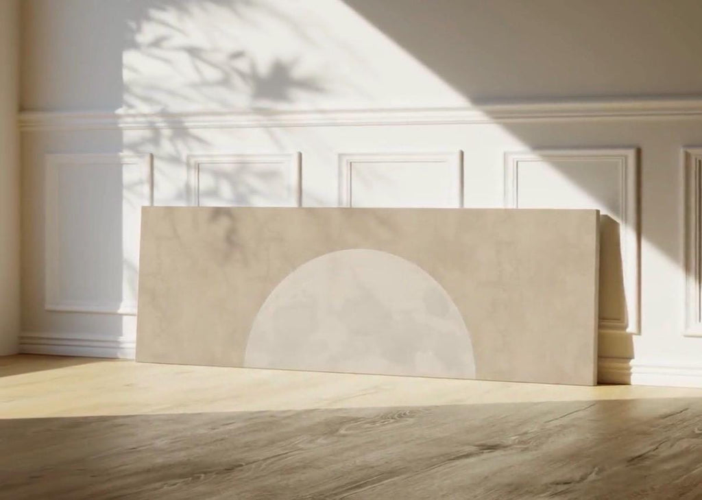 Minimalist Beige Moon Panoramic Canvas Print, Neutral Japandi Wall Decor