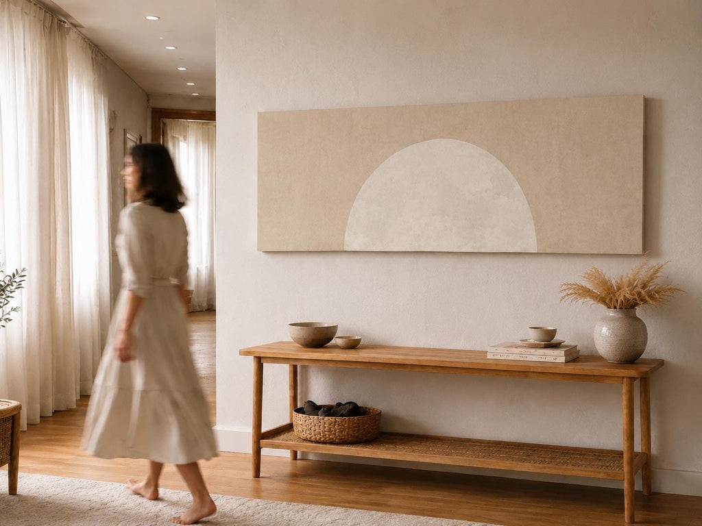 Minimalist Beige Moon Panoramic Canvas Print, Neutral Japandi Wall Decor
