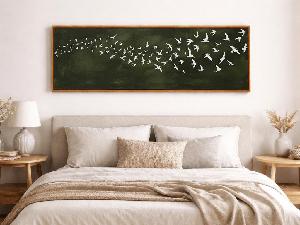 Dark Green Birds Canvas Print, Japandi Wabi Sabi Wall Art, Above Bed Decor