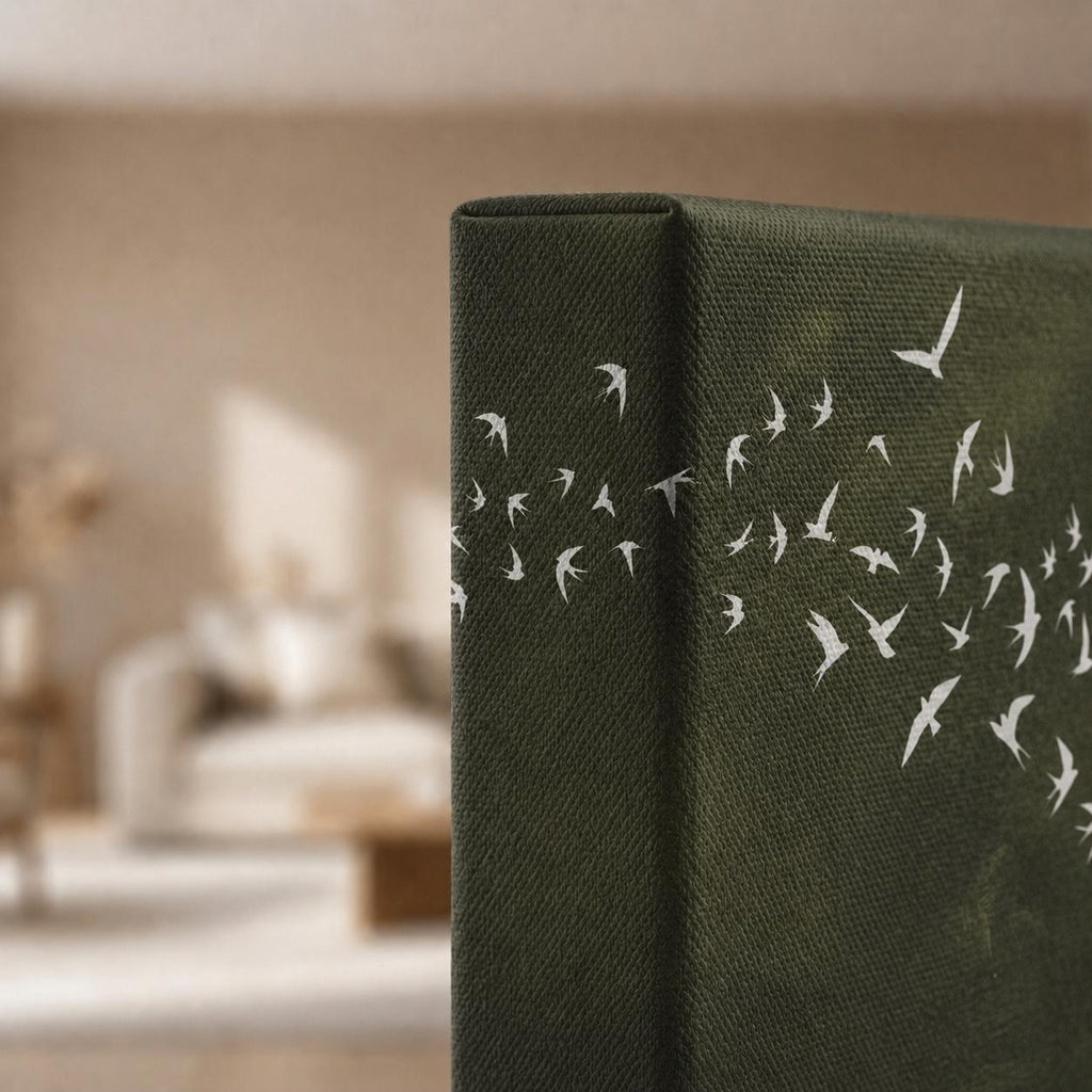 Dark Green Birds Canvas Print, Japandi Wabi Sabi Wall Art, Above Bed Decor