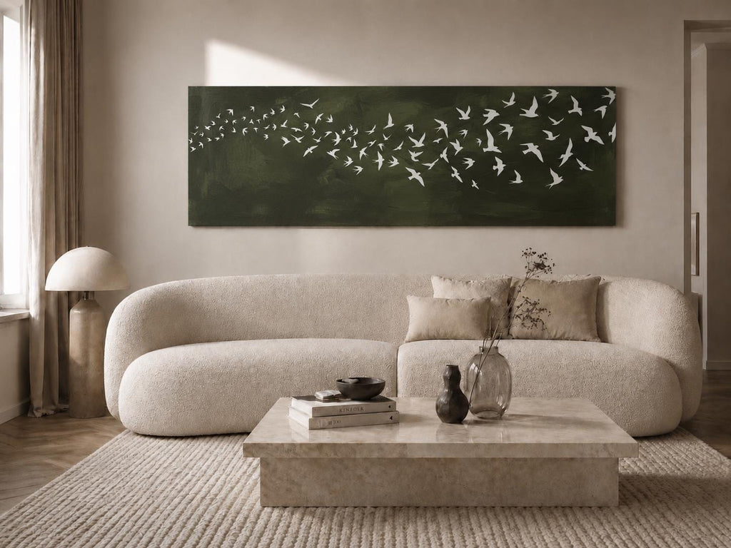 Dark Green Birds Canvas Print, Japandi Wabi Sabi Wall Art, Above Bed Decor
