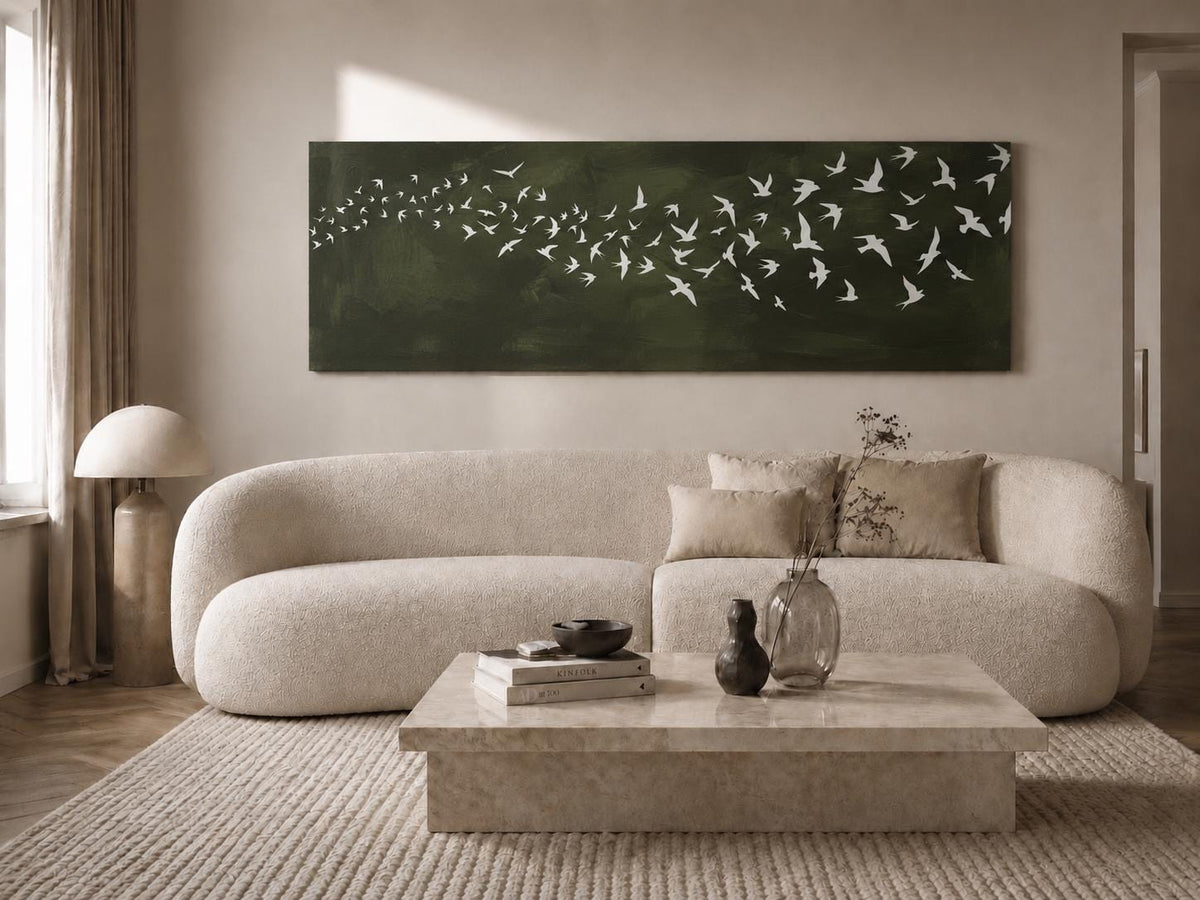 Dark Green Birds Canvas Print, Japandi Wabi Sabi Wall Art, Above Bed Decor