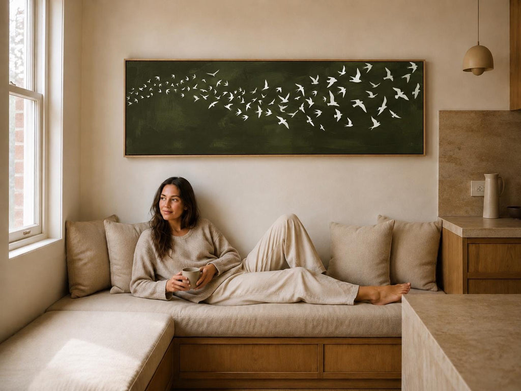 Dark Green Birds Canvas Print, Japandi Wabi Sabi Wall Art, Above Bed Decor