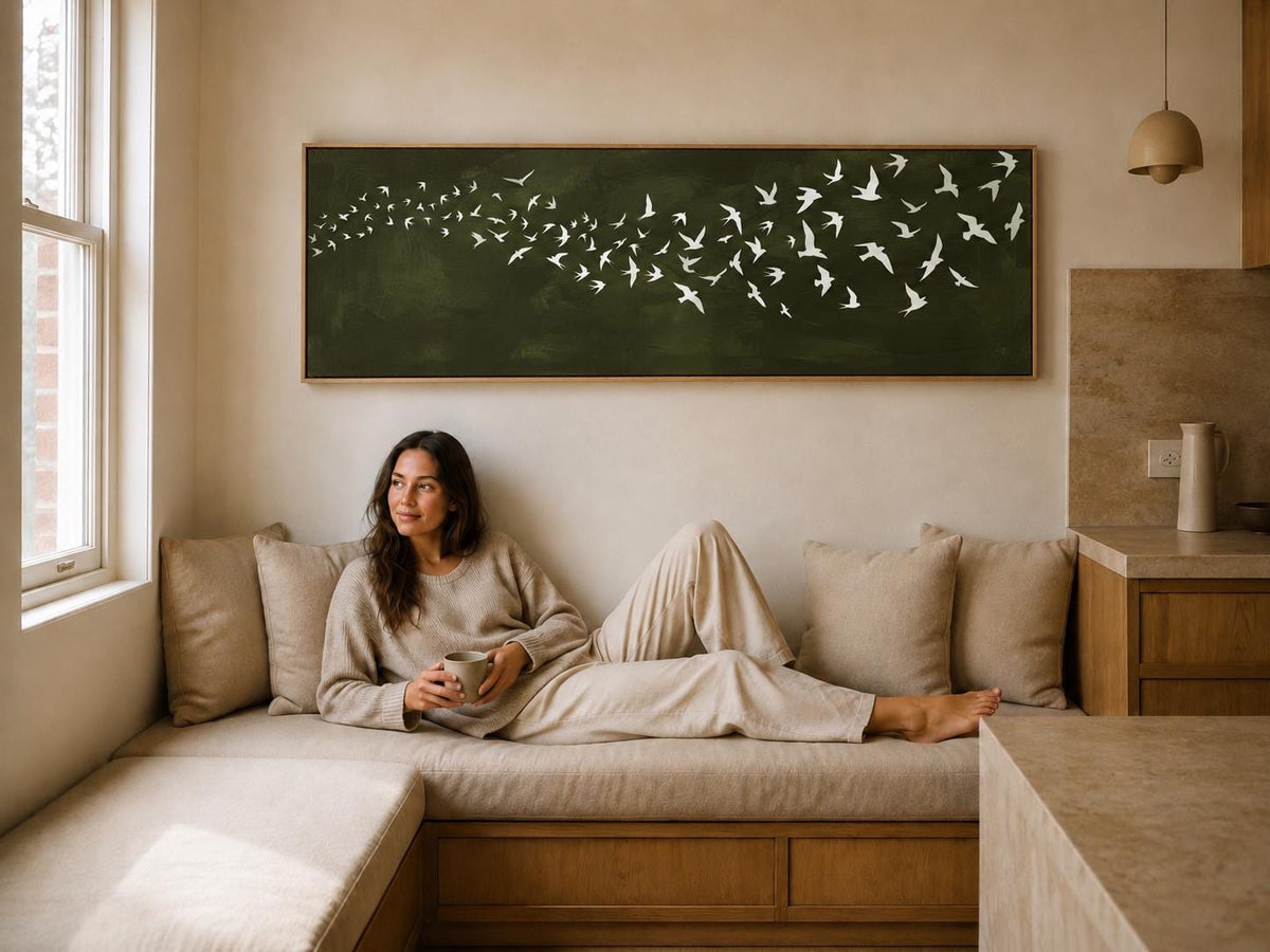 Dark Green Birds Canvas Print, Japandi Wabi Sabi Wall Art, Above Bed Decor