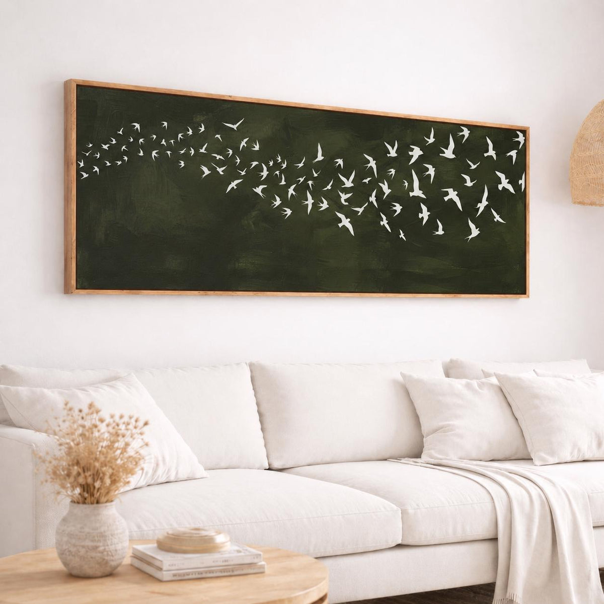 Dark Green Birds Canvas Print, Japandi Wabi Sabi Wall Art, Above Bed Decor