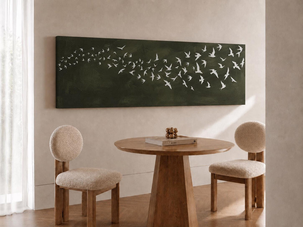 Dark Green Birds Canvas Print, Japandi Wabi Sabi Wall Art, Above Bed Decor