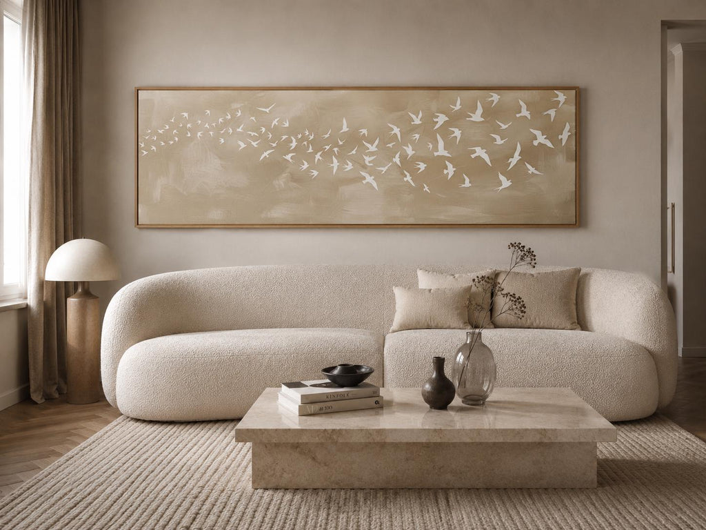 Neutral Beige Abstract Flying Birds Canvas Print, Minimalist Flock Print Over Bed