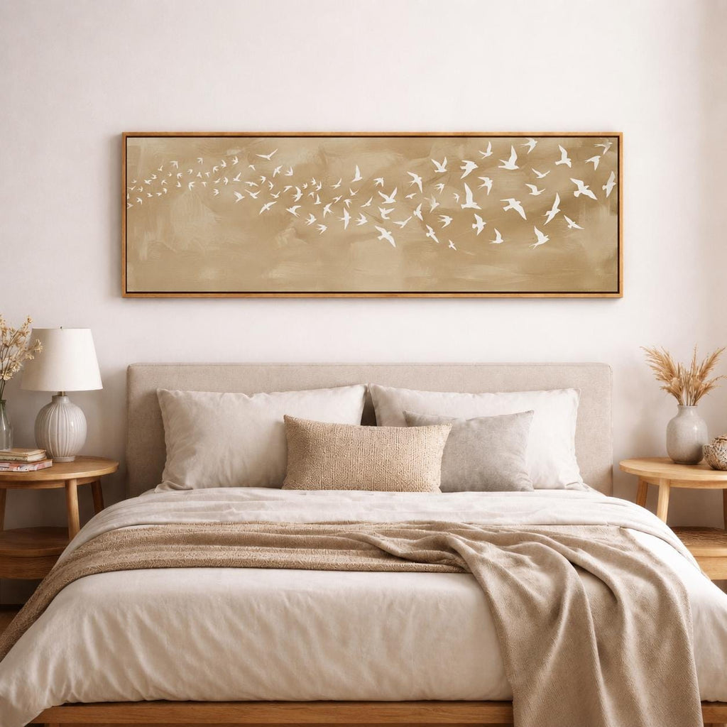 Japandi Flying Birds Canvas Print, Neutral Beige Wall Art, Scandinavian Design