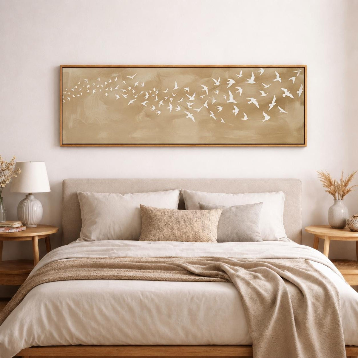 Japandi Flying Birds Canvas Print, Neutral Beige Wall Art, Scandinavian Design