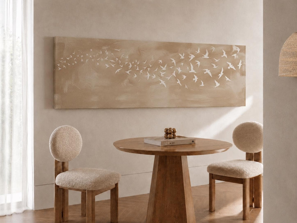 Japandi Flying Birds Canvas Print, Neutral Beige Wall Art, Scandinavian Design