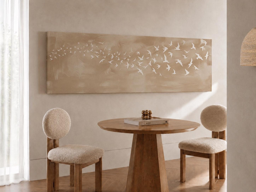 Neutral Beige Abstract Flying Birds Canvas Print, Minimalist Flock Print Over Bed