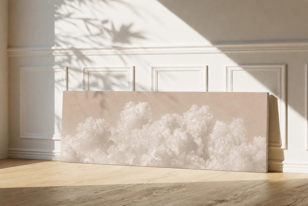 Beige Clouds Panoramic Canvas Art, Japandi Neutral Living Room Decor