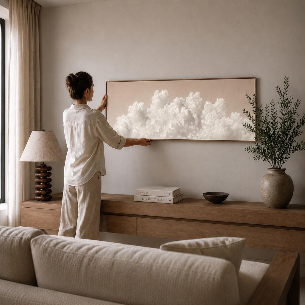 Beige Clouds Panoramic Canvas Art, Japandi Neutral Living Room Decor