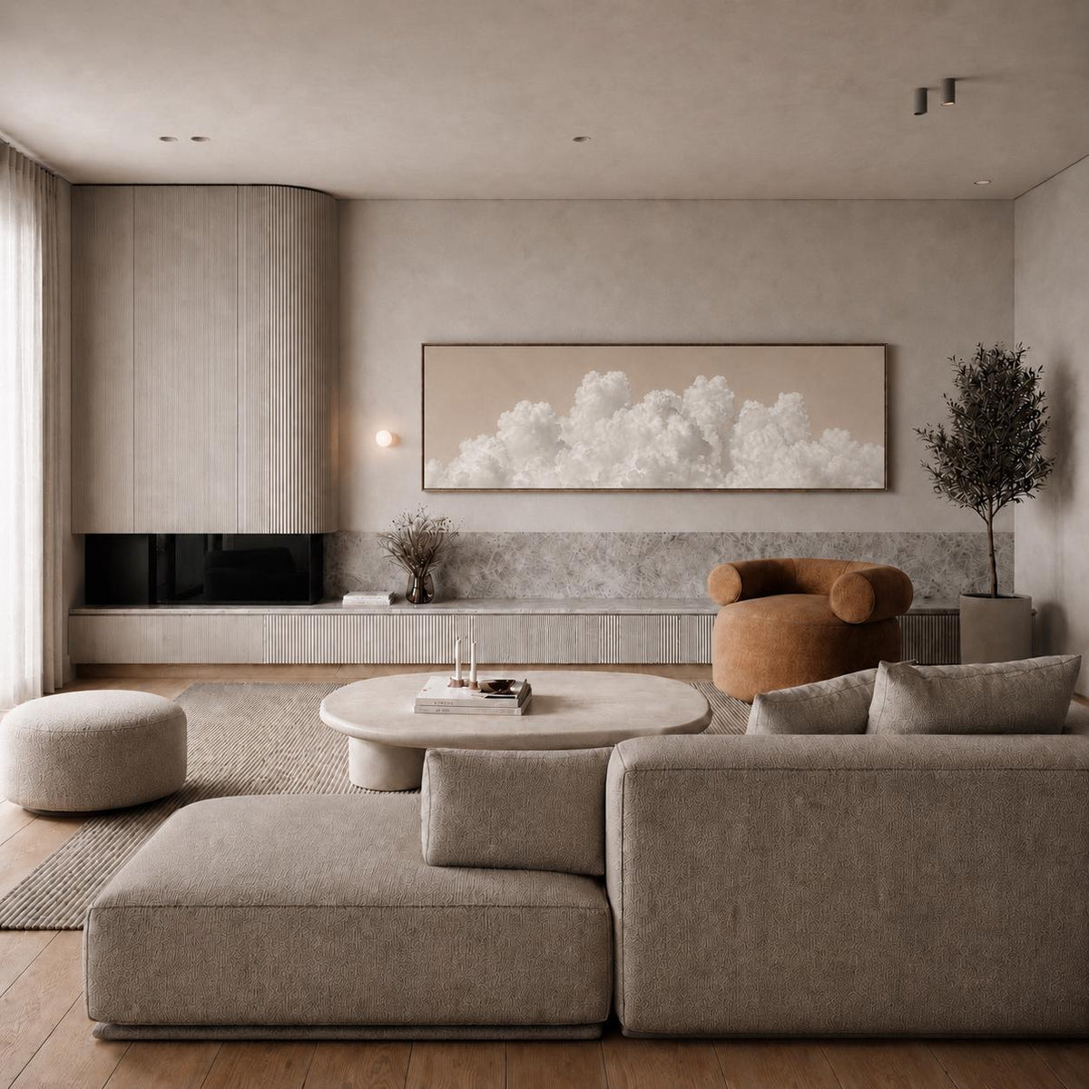 Beige Clouds Panoramic Canvas Art, Japandi Neutral Living Room Decor