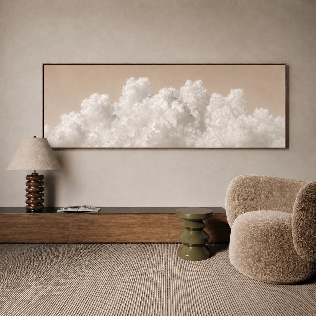 Beige Clouds Panoramic Canvas Art, Japandi Neutral Living Room Decor