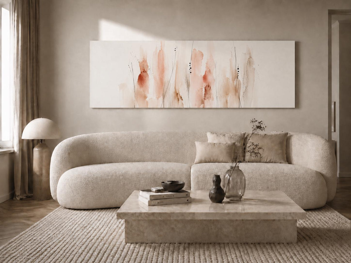 Floral Coral Canvas Print, Neutral tones, Minimalist Japandi Above Bed Decor