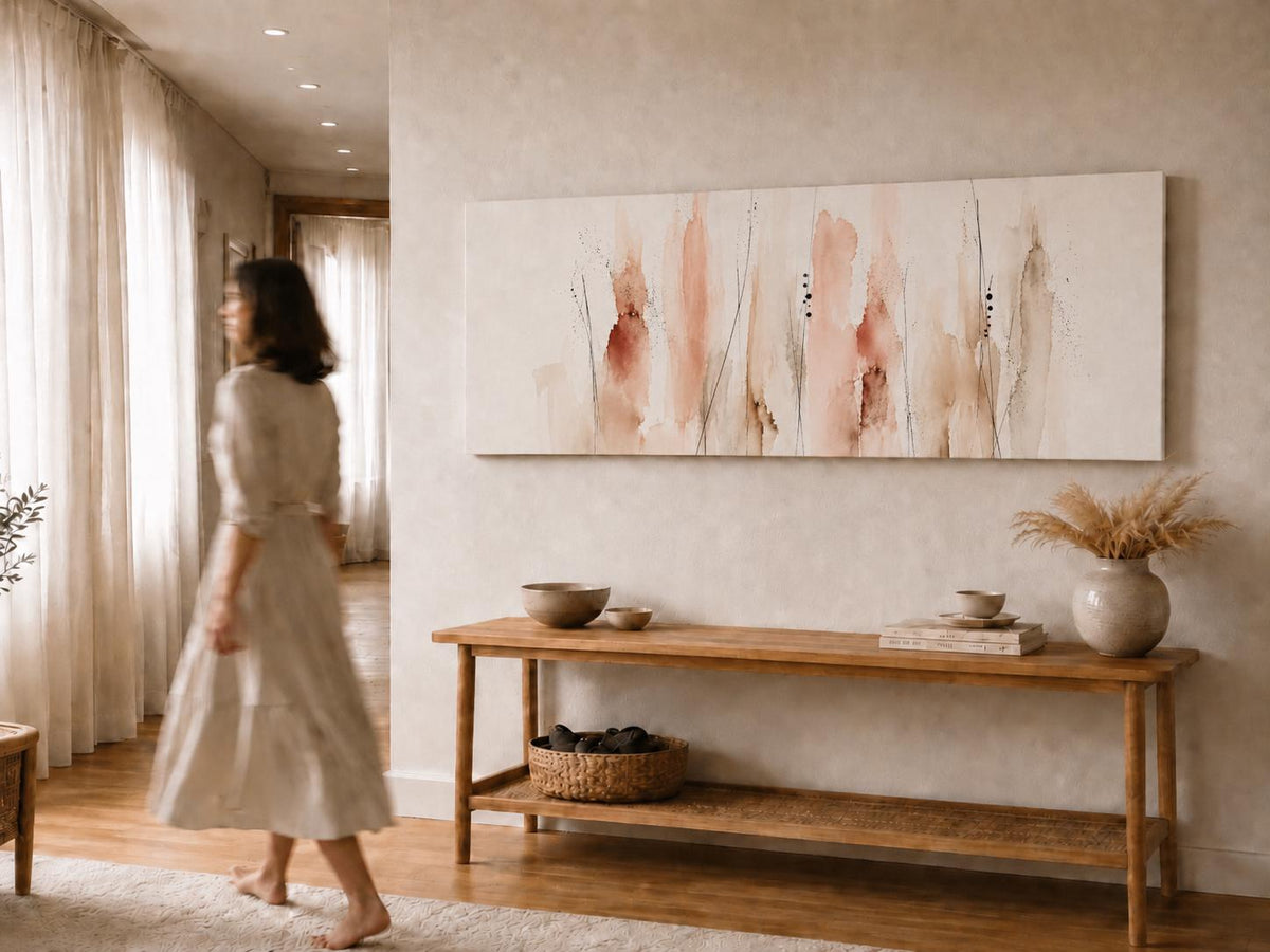 Floral Coral Canvas Print, Neutral tones, Minimalist Japandi Above Bed Decor