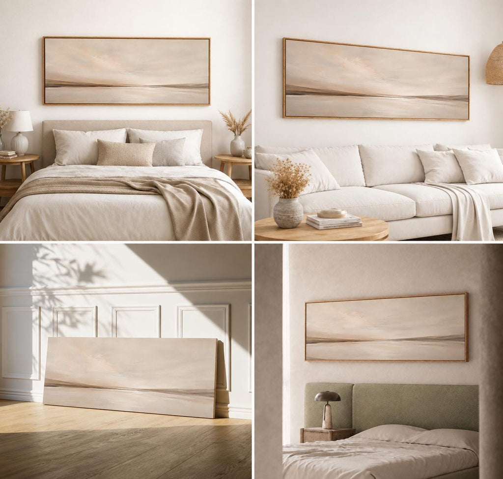 Neutral Beige Abstract Canvas Print, Narrow Living Room or Bedroom Wall Art