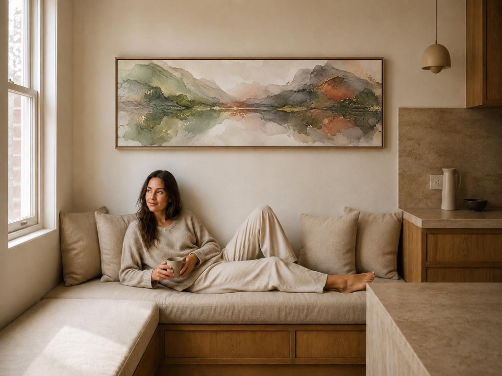 Pastel Olive Green and Terracotta Clouds Canvas Print, Narrow Bedroom or Living Room Decor