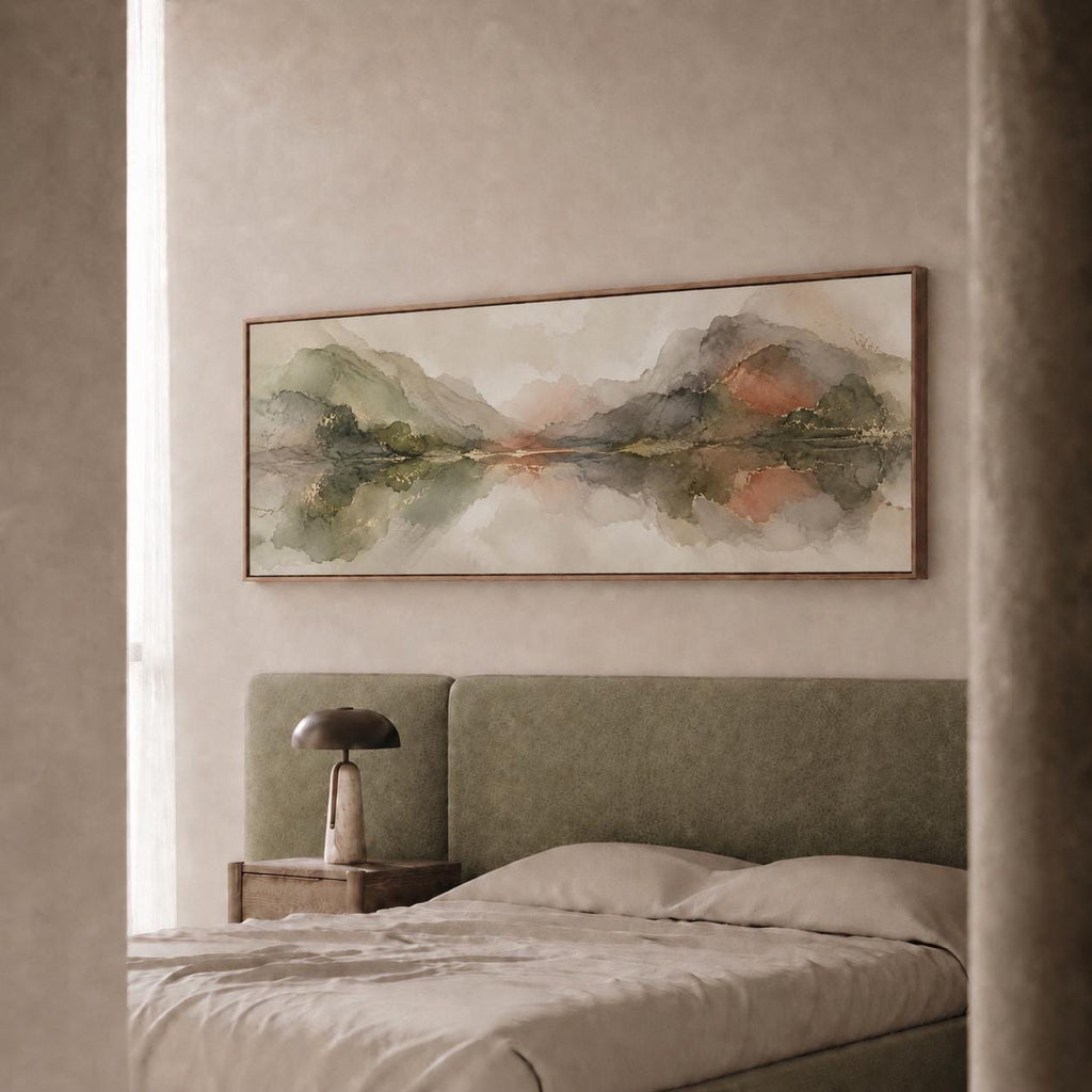Pastel Olive Green and Terracotta Clouds Canvas Print, Narrow Bedroom or Living Room Decor