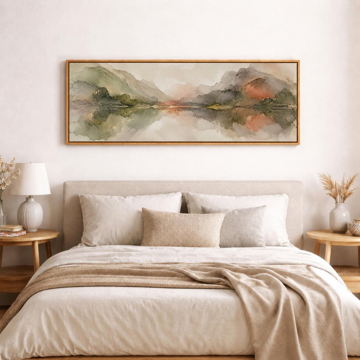 Pastel Olive Green and Terracotta Clouds Canvas Print, Narrow Bedroom or Living Room Decor