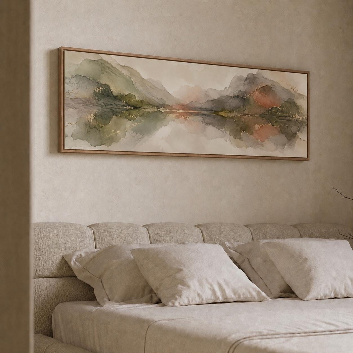 Pastel Olive Green and Terracotta Clouds Canvas Print, Narrow Bedroom or Living Room Decor