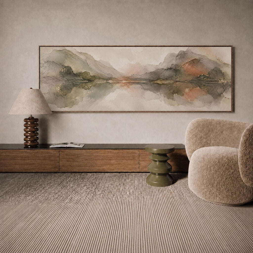 Pastel Olive Green and Terracotta Clouds Canvas Print, Narrow Bedroom or Living Room Decor