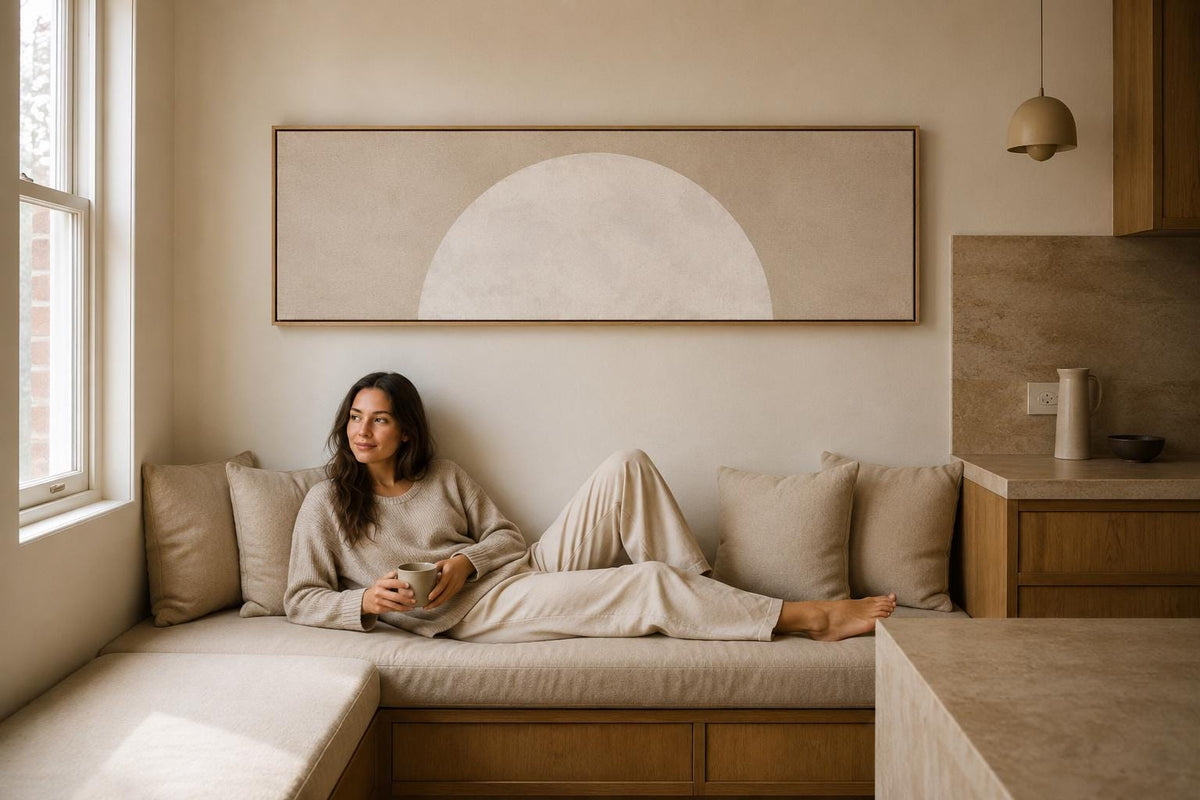 Minimalist Beige Moon Panoramic Canvas Print, Neutral Japandi Wall Decor