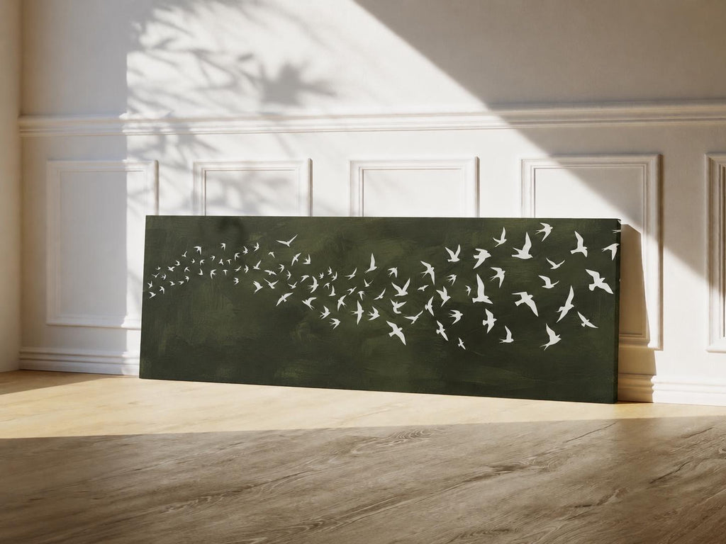 Dark Green Birds Canvas Print, Japandi Wabi Sabi Wall Art, Above Bed Decor