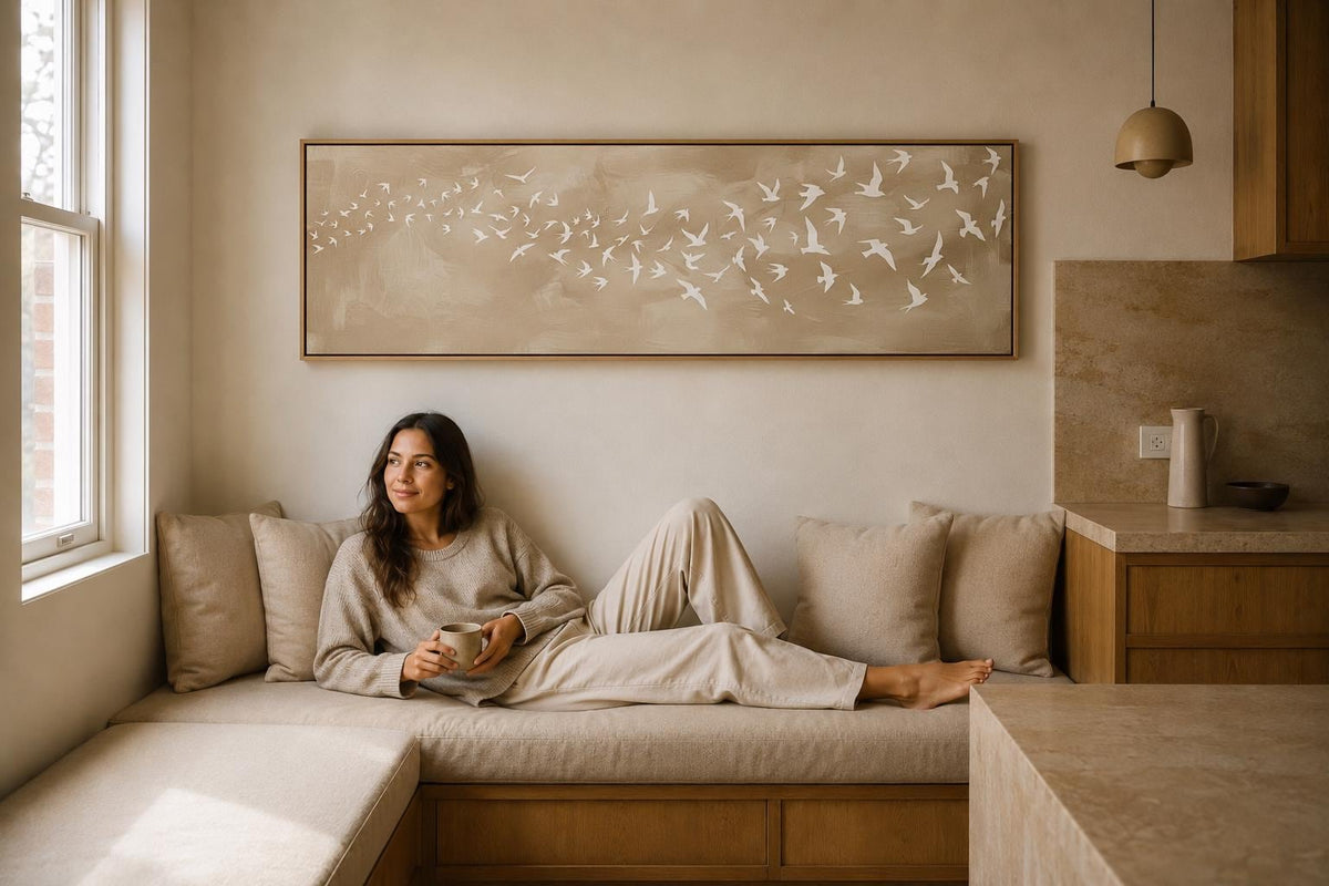 Neutral Beige Abstract Flying Birds Canvas Print, Minimalist Flock Print Over Bed