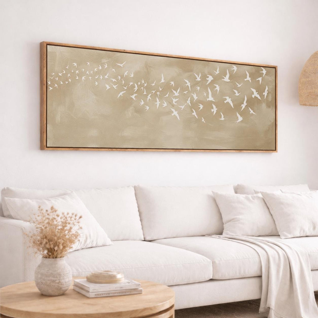 Japandi Flying Birds Canvas Print, Neutral Beige Wall Art, Scandinavian Design