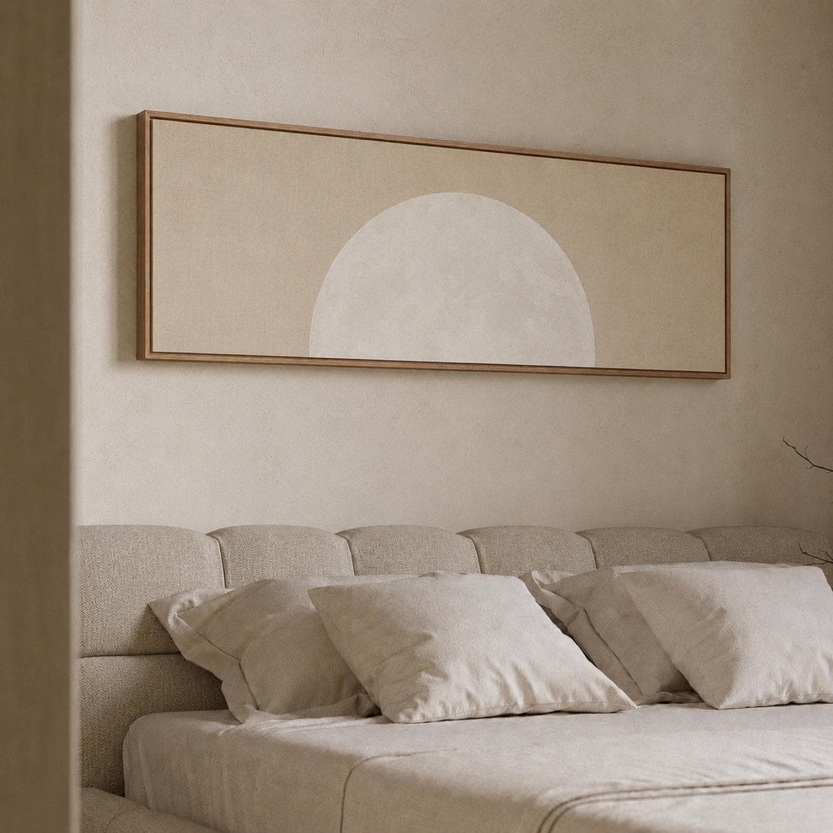 Minimalist Beige Moon Panoramic Canvas Print, Neutral Japandi Wall Decor