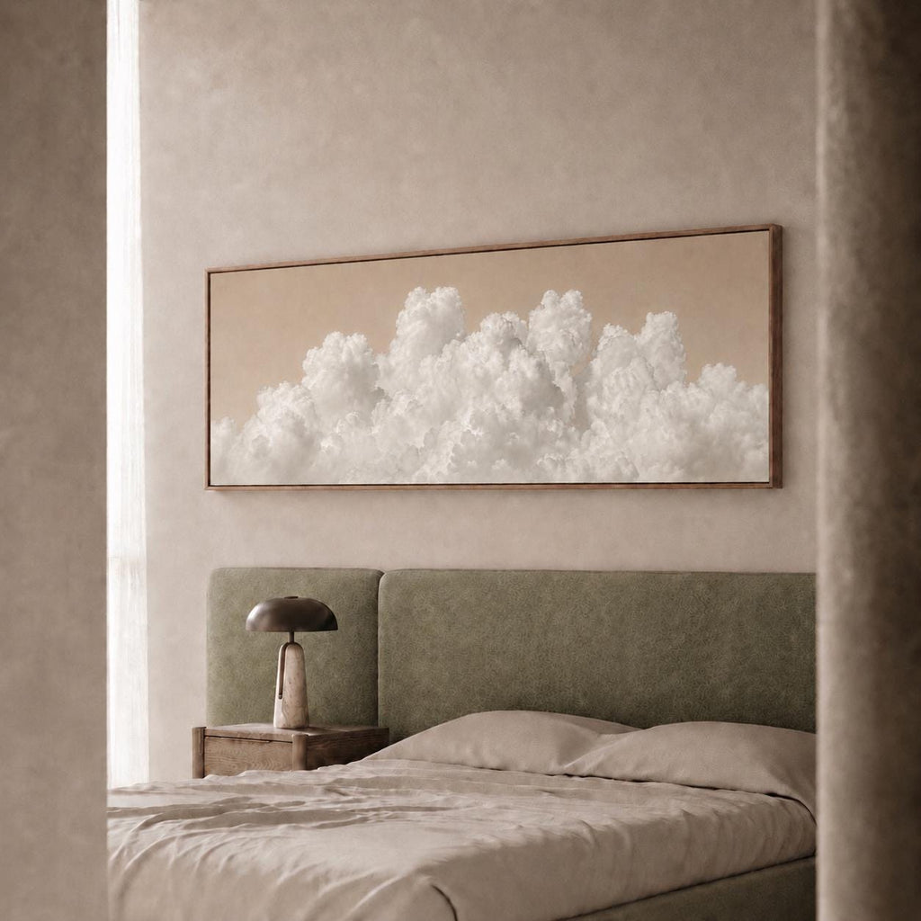 Beige Clouds Panoramic Canvas Art, Japandi Neutral Living Room Decor