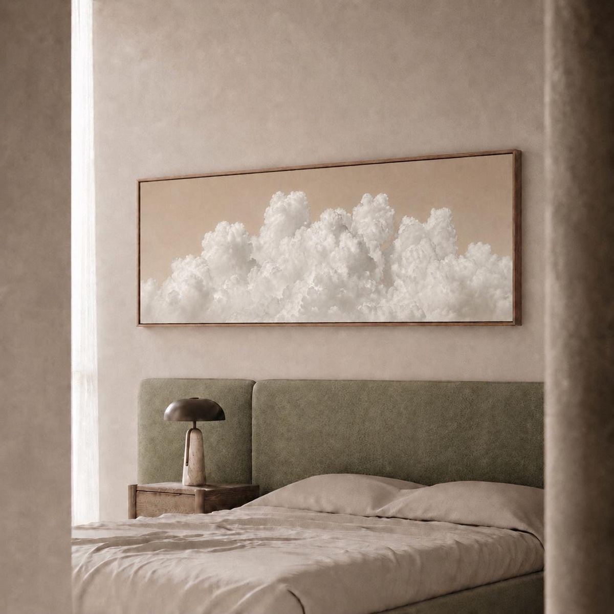 Beige Clouds Panoramic Canvas Art, Japandi Neutral Living Room Decor