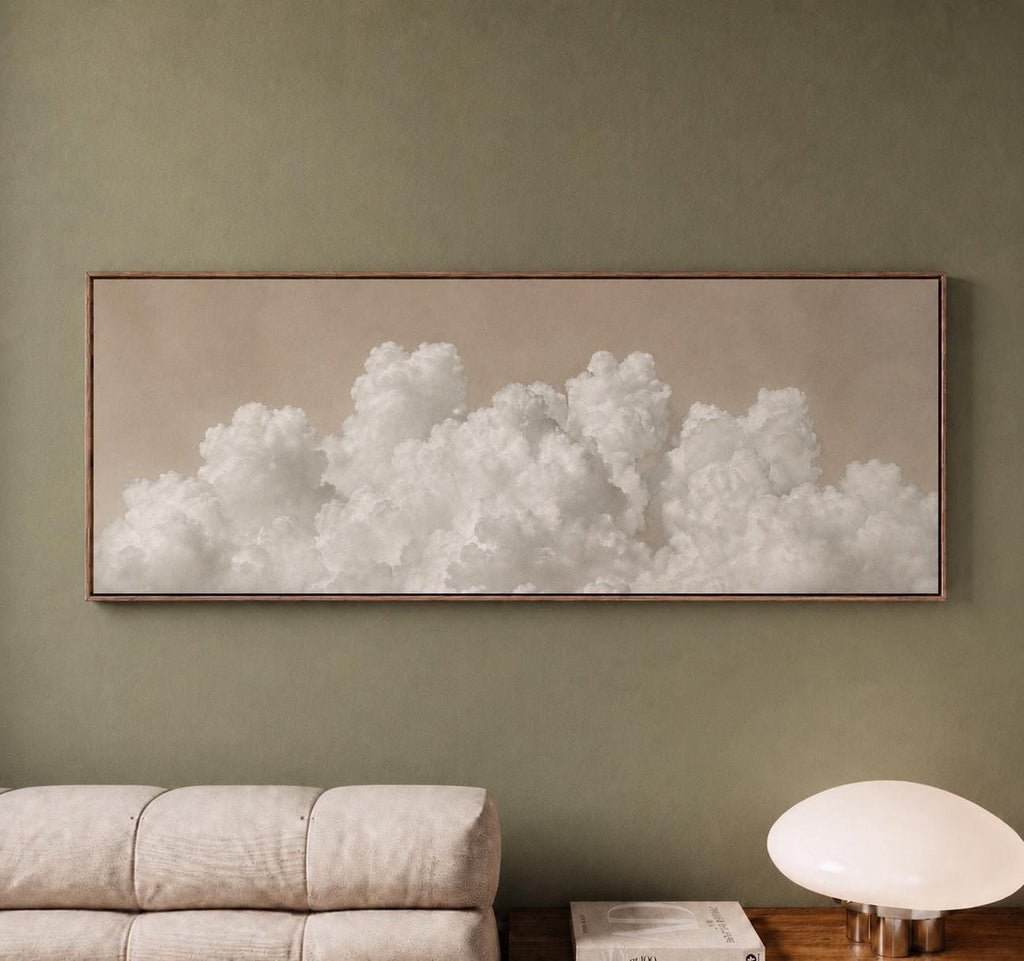 Beige Clouds Panoramic Canvas Art, Japandi Neutral Living Room Decor