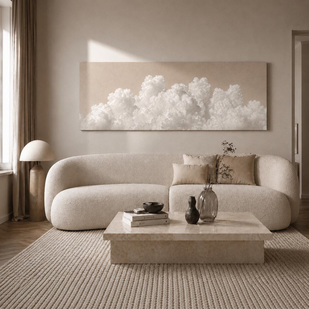 Beige Clouds Panoramic Canvas Art, Japandi Neutral Living Room Decor