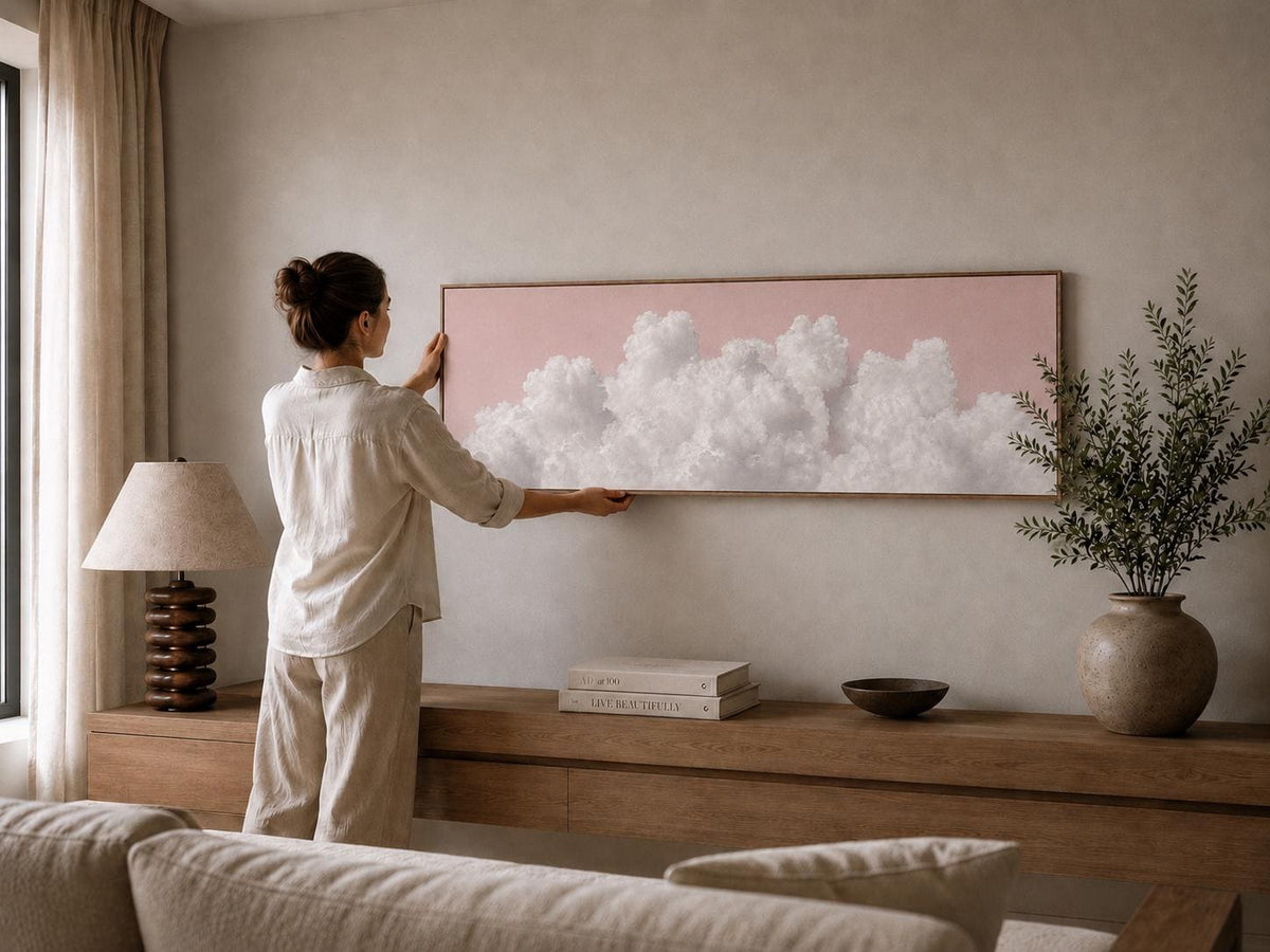 Blush Pink Clouds Panoramic Canvas Art Print, Above Bed Decor