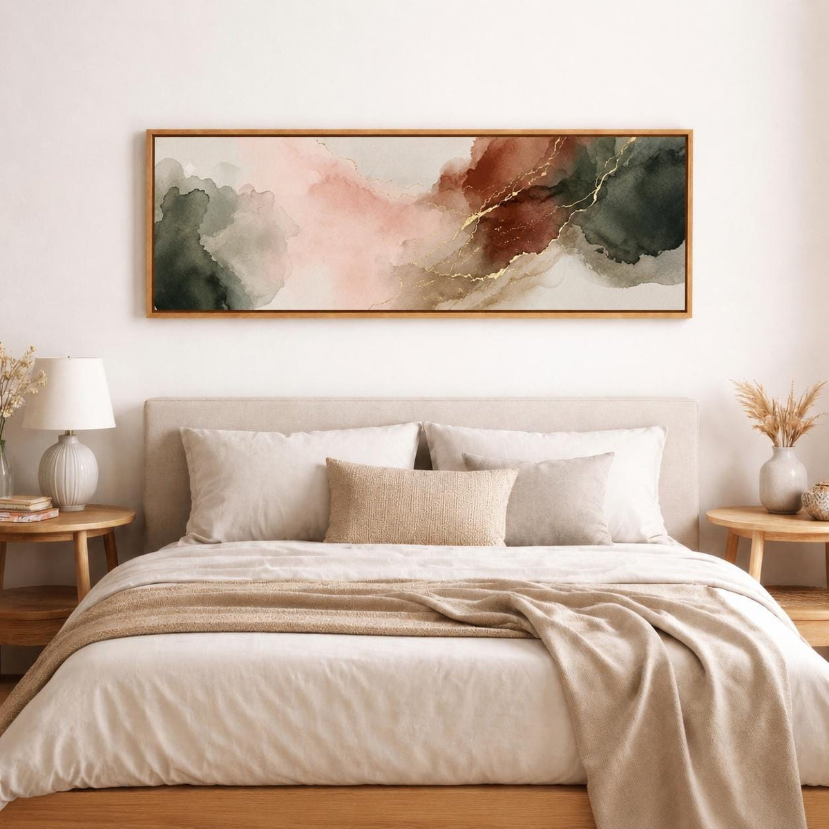 Earthy Abstract Panorama Canvas, Muted Sage Terracotta Landscape Art, Blush Pink