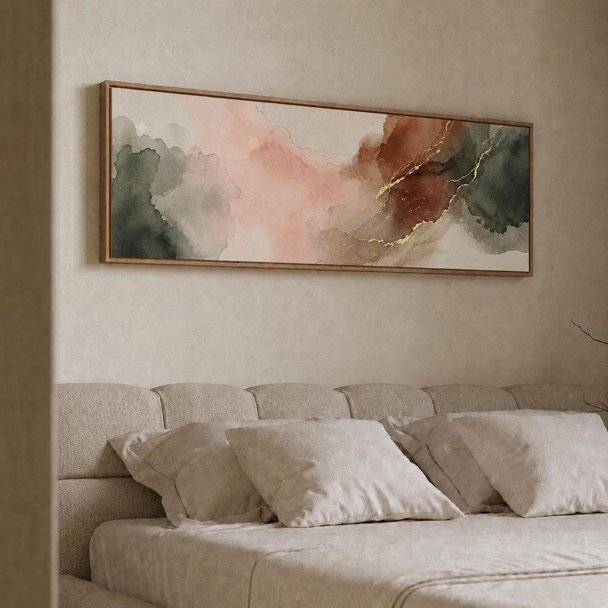 Earthy Abstract Panorama Canvas, Muted Sage Terracotta Landscape Art, Blush Pink