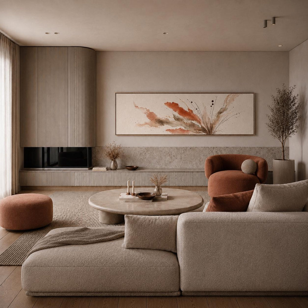 Muted Terracotta Botanical Abstract Canvas Print, Warm Wabi Sabi Panoramic Wall Decor