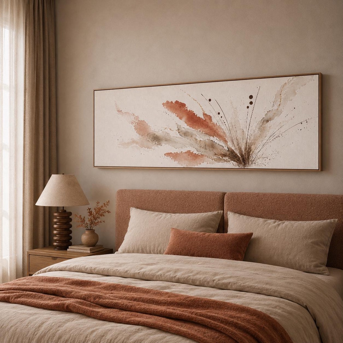 Muted Terracotta Botanical Abstract Canvas Print, Warm Wabi Sabi Panoramic Wall Decor