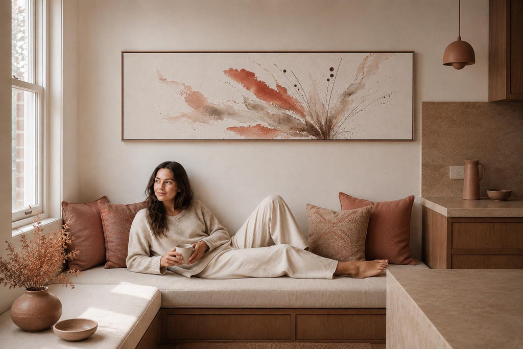 Muted Terracotta Botanical Abstract Canvas Print, Warm Wabi Sabi Panoramic Wall Decor