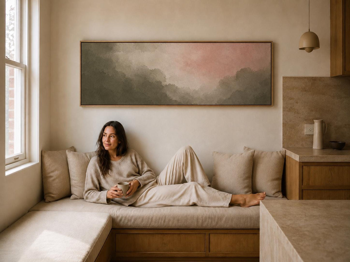 Blush Pink Sage Green Clouds Canvas Print, Bedroom or Living Room Decor