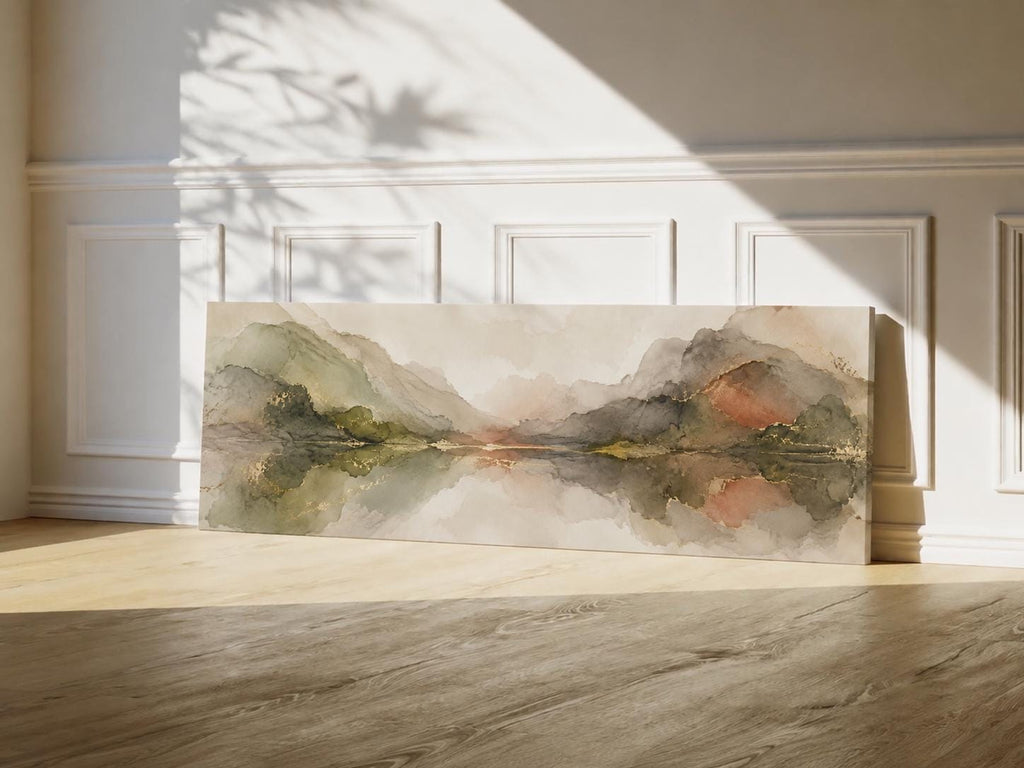 Pastel Olive Green and Terracotta Clouds Canvas Print, Narrow Bedroom or Living Room Decor