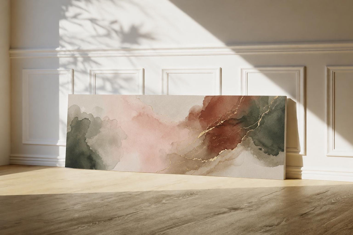 Earthy Abstract Panorama Canvas, Muted Sage Terracotta Landscape Art, Blush Pink