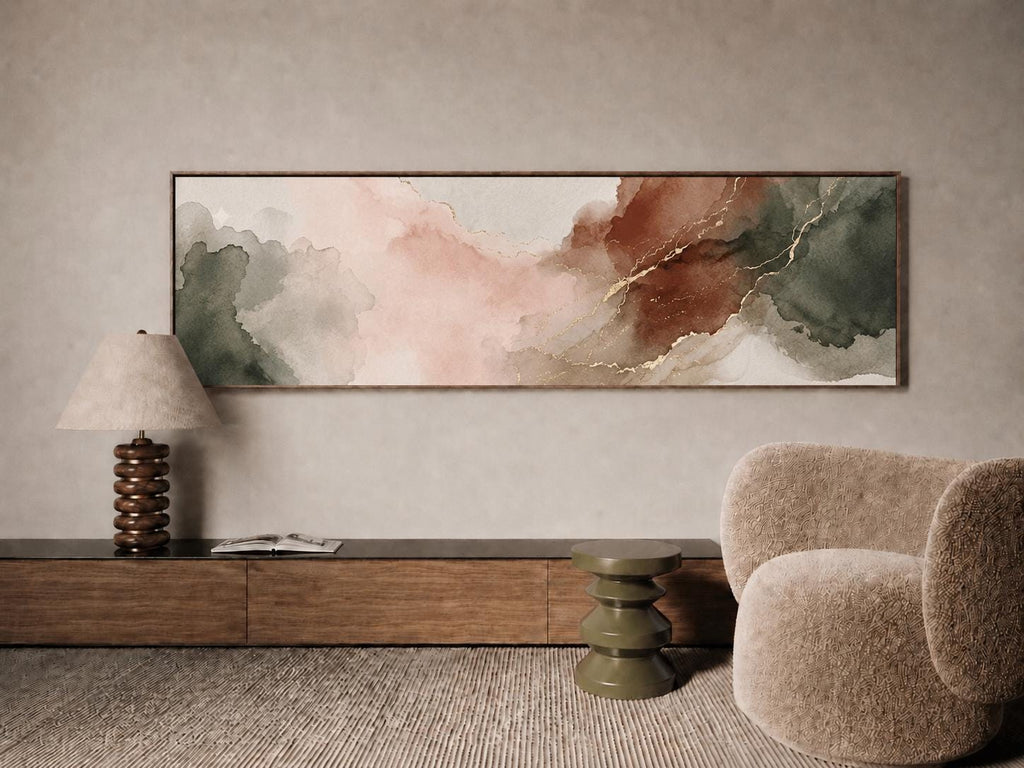 Earthy Abstract Panorama Canvas, Muted Sage Terracotta Landscape Art, Blush Pink