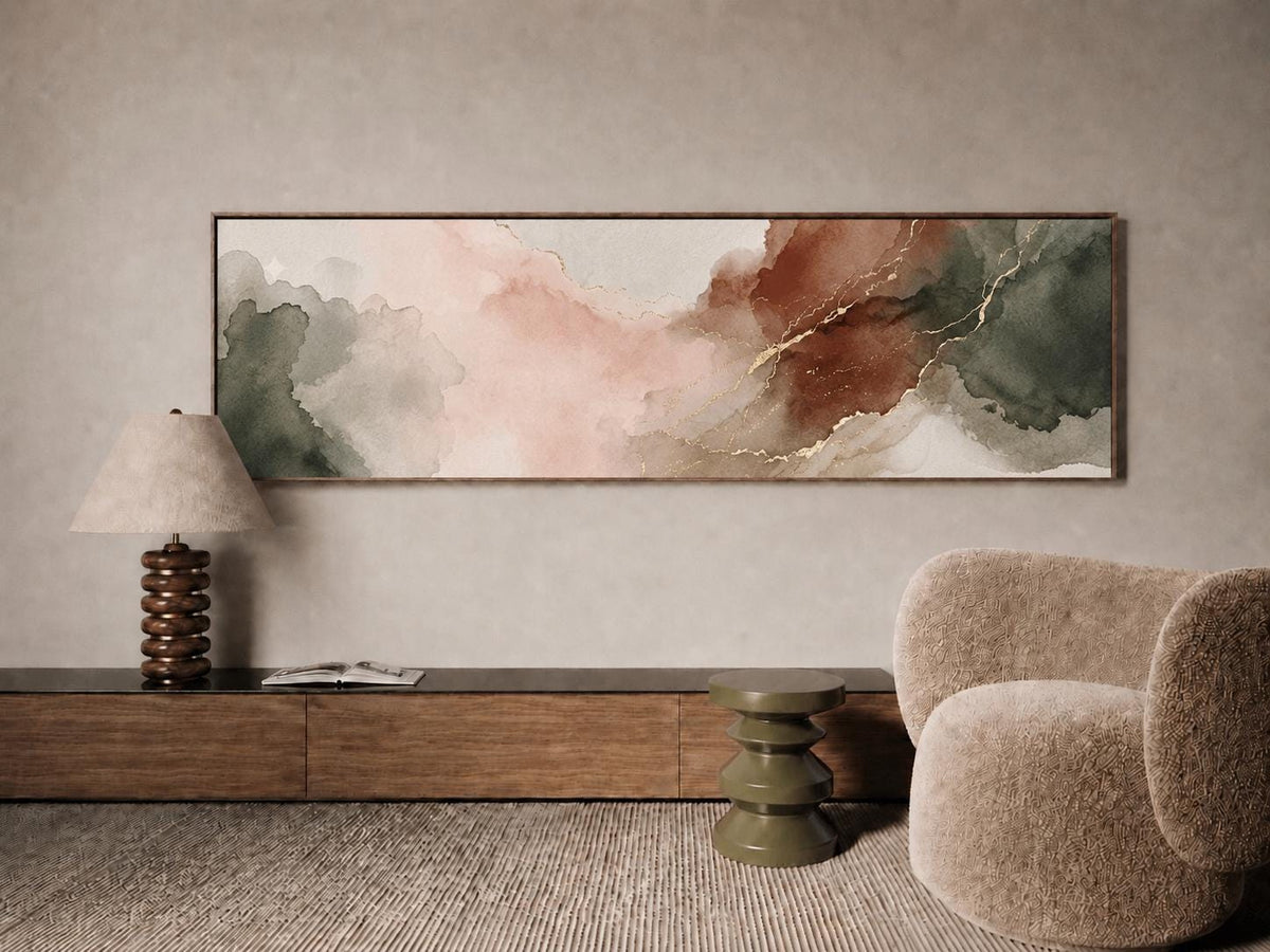 Earthy Abstract Panorama Canvas, Muted Sage Terracotta Landscape Art, Blush Pink