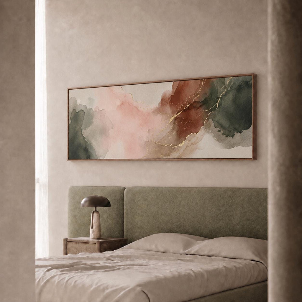 Earthy Abstract Panorama Canvas, Muted Sage Terracotta Landscape Art, Blush Pink